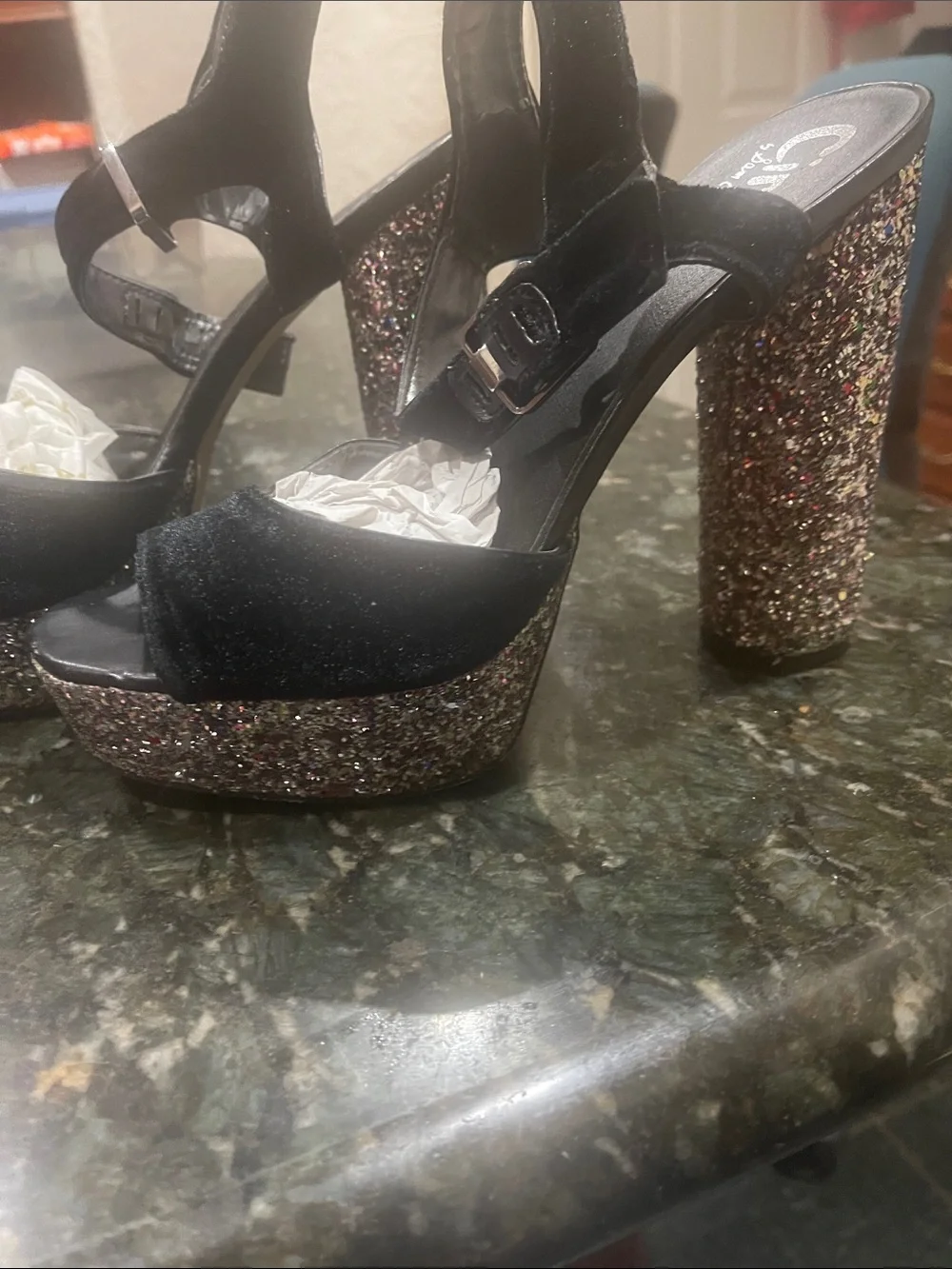 SAM EDELMAN black platform heels GLITTER Strappy sandals 10 party birthday cosmo